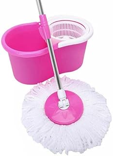 Spin Mop Bucket Set with Spin 360 Wringer and 1 Microfibre Mop Pad Head Telescopic Easy Press Handle with Spin Dry Cleaning Caddy Set-Microfibre Home Cleaning Clean Floor (Pink)