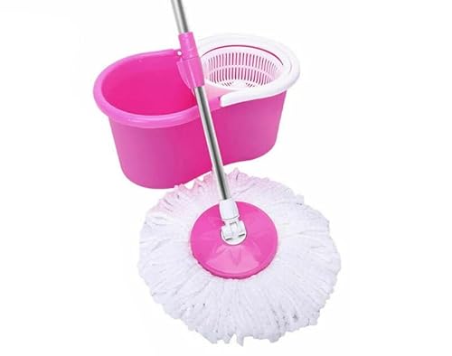 Spin Mop Bucket Set with Spin 360 Wringer and 1 Microfibre Mop Pad Head Telescopic Easy Press Handle with Spin Dry Cleaning Caddy Set-Microfibre Home Cleaning Clean Floor (Pink)