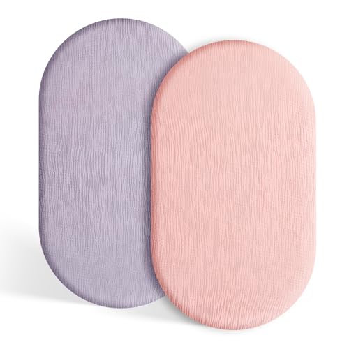 Image of TILLYOU Muslin Bassinet Sheets Girls Boys, 100% Cotton Bassinet Sheets, Fit Oval, Rectangle and Square Mattress, 2 Pack，Light Purple&Light Pink