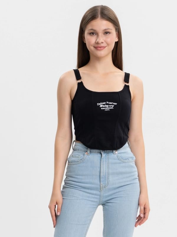 Image of Celary Women's Ribbed Adjustable Strap Camisole Padded ||Soft Stretch Cotton Tank Top Trendy Sleeveless Top for Girls & Women||J'Adore Forever Embroidery||Casual Summer Wear