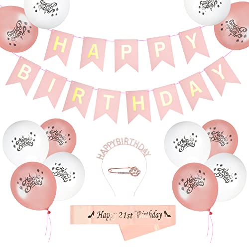 Fennoral 15pcs Kit Or Rose 21e Anniversaire Décoration Ballons Anniversaire 21 Ans Femme 21e Joyeux Anniversaire Bannière et Bandeau Diadème Ballon Cover