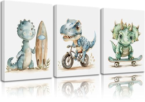 Funny Dinosaur Nursery Canvas Wall Art Surfing Skateboard Riding Dinosaur