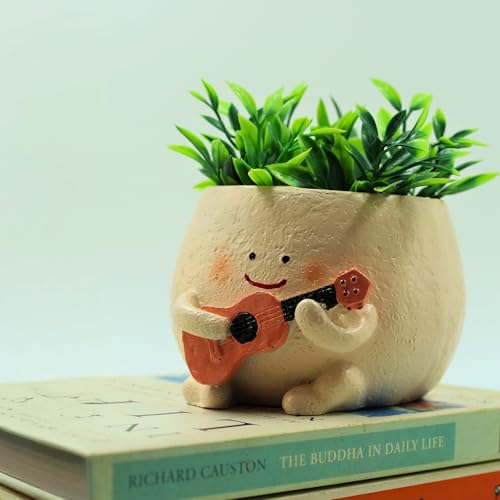 Image of Cute Guitar Planter Pot | Smiling Planters for Home Decor | Polyresin Plant Pot for Living Room Table Home Kitchen Decoration