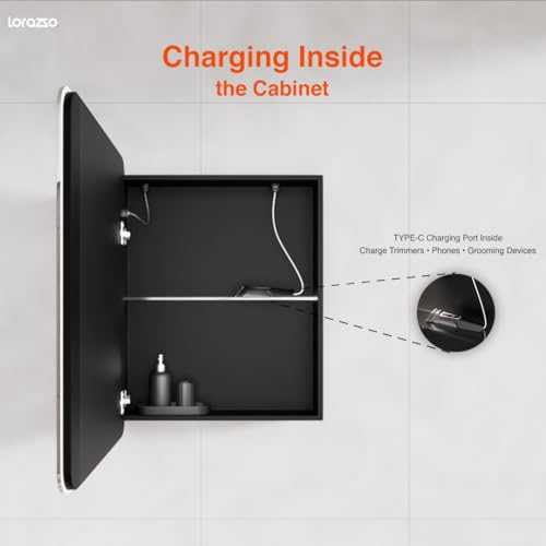 Image of Lorazzo Smart LED Mirror Cabinet - 24x18 in | 3 Colour LED Bathroom Mirror (Warm, Cool & White) | Anti-Fog Mirror with Defogger | Matte Black Mirror Cabinet with Storage | 5-Year Warranty