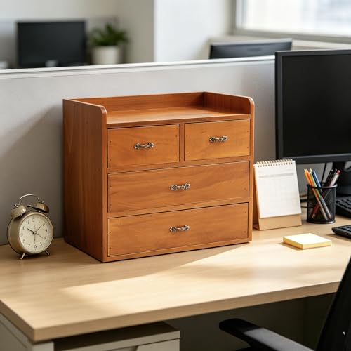 Vintage Tabletop Organizer Drawers Cabinet for Desk - Wooden Desktop Storage Box Organizing Medicine Makeup Jewelry Sewing Craft Skincare-Wood Color