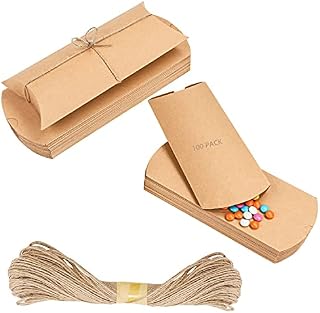 Belle Vous Brown Kraft Paper Pillow Favour Boxes with Twine (100 Pack) - Vintage Kraft Style Candy Treat Boxes for Wedding, Birthday Party, Christmas, Baby Shower and Gifts