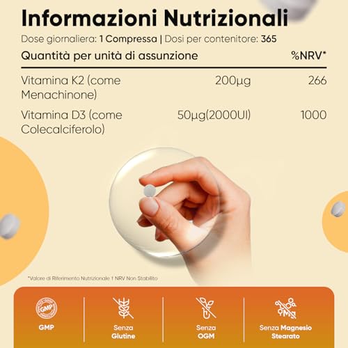 Vitamina D3 K2, 1 Compressa al Giorno, 2000UI di Colecalciferolo, 200μg di Menachinone, La Vitamina K Contribuisce al Mantenimento di Ossa Normali (EFSA), 365 Compresse (Per 1 Anno), Senza Glutine - Immagine 4