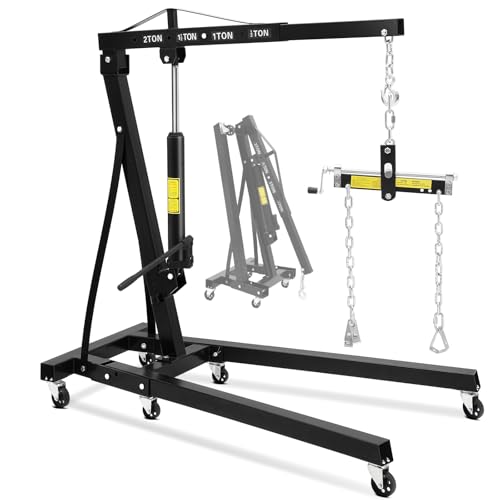 2-Ton Folding Engine Hoist with Leveler, 4400 Lbs Capacity Hydraulic Shop Crane with 6 Casters, Portable Foldable Cherry Picker for Garage, Workshop,
