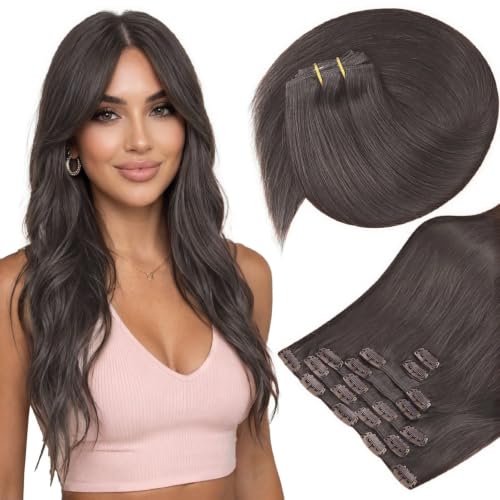 Image of Sunny Hair Clip in Hair Extensions Real Human Hair Mocha Black Brown 120g | Remy Hair Clip Ins for Women Easy to Wear Comfortable All Day Natural Seamless Blend for Work & Special Events 20 Inch