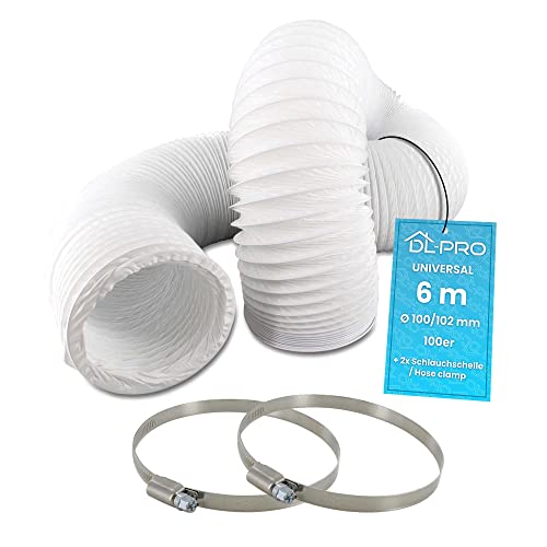 DL-pro 6m Abluftschlauch Ø100 mm (Innenmaß) kompatibel mit Klimaanlage Dunstabzug Trockner inkl. 2 Schlauchschellen PVC Flexrohr weiß NICHT für Ø102mm Geräte