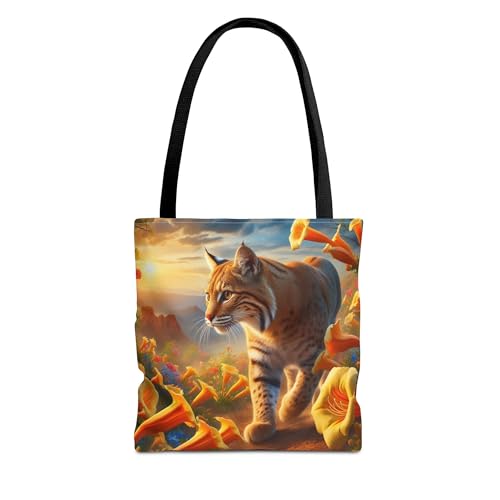 Wildcat Among Trumpet Flowers Premium Tote Bag with Reinforced Stitching
