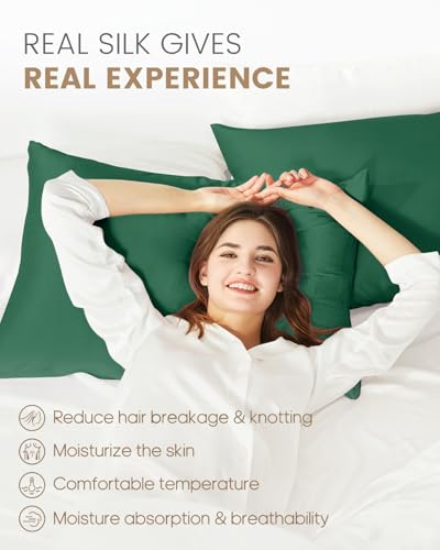THXSILK 100% Mulberry Silk Pillowcase for Hair and Skin Health, Hidden Zipper, 6A+ Silk Both Sides Smooth, Breathable and Natural, Sleep Pillow Case (Standard 20"x26", Emerald Green)