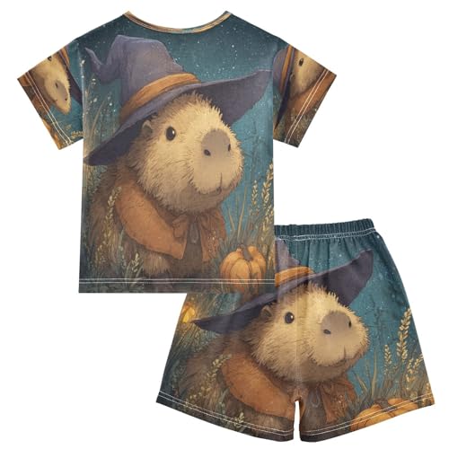 Pajama Sets Short Sleeve Magical Beaver Wearing Witch Hat Soft Cotton Summer Sleepwear 2 Piece PJS Size 5-14T2