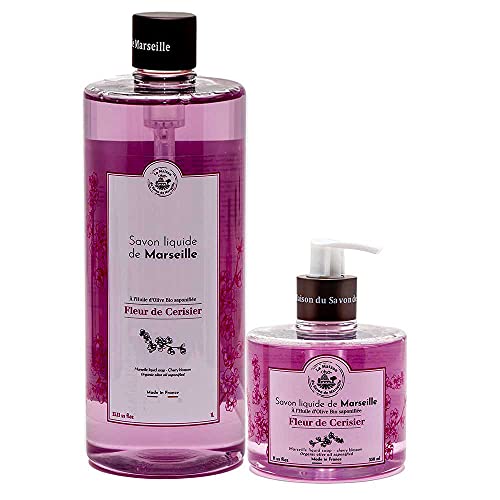 Image of Savon de Marseille - French Liquid Soap made with Organic Olive Oil - Cherry Blossom Hand Wash 1 Litre and 330ml Bottle Dispenser Pair