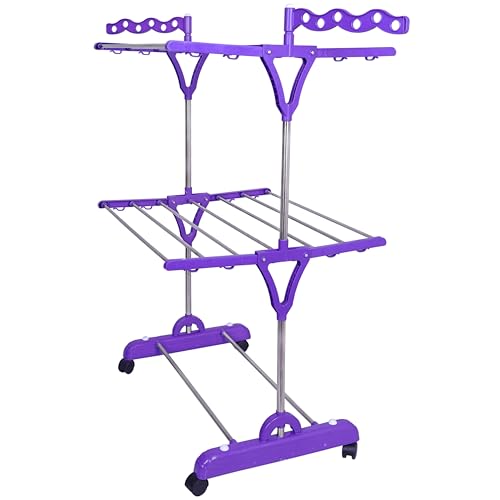 Image of UNIZONE Premium 2-Tier Foldable Cloth Drying Stand | Stainless Steel Laundry Rack with 14 Rods, 2 Shoe Rods, 12 Hanger Slots & 16 Hooks | Indoor & Balcony Clothes Dryer