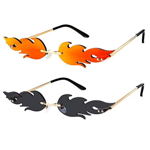 Fire Flame Sunglasses Rimless Flame Shaped Sun Glasses Wave Fire Shaped Glasses for Women Men Party Supplies Photo Props (2 Pairs, Red, Black and Grey)