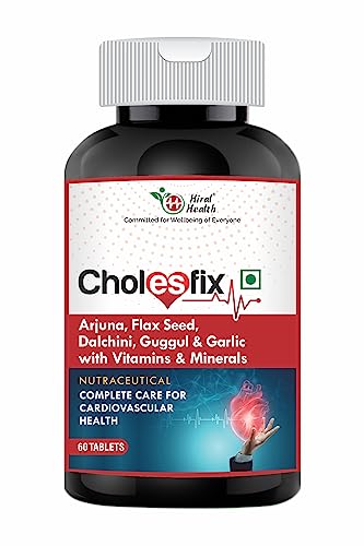 Hiral Health's Cholesfix Tablets – Heart Health Supplement to Maintain Cholesterol, Triglyceride, and Blood Pressure - With Arjuna Bark, Flax Seed, Garlic & Vitamins - Pack of 1-60 Tablets