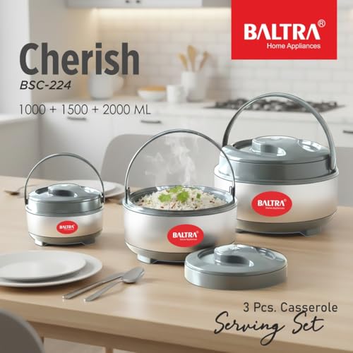Image of BALTRA Inner Stainless Steel Casserole Set with Lid for Roti /Chapati (1000ml, 1500ml, 2000ml) | Insulated Hot Pot for Hot Meal /Chapati /Curry Set /Biryani | Serving Bowl with Lid (Cherish Set of 3)