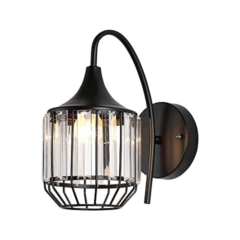 KAIKEA Simple and Stylish Matte Black Gooseneck Wall Lamp Crystal Glass Wall Sconces Light Fixture Metal Cage Shade Retro Industrial Wall Lamps For Bedroom Bedside Living Room Hallway Decor Lighting Cover