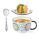 Chubacoo Soup Bowl with Lid & Spoon: Ceramic Large Microwavable Bowl with Plate Combo - Ideal for Ramen Cereal Oatmeal Noodles Sandwich Chip & Bread Dip Cracker - Big Handle, 32 oz, A-pattern