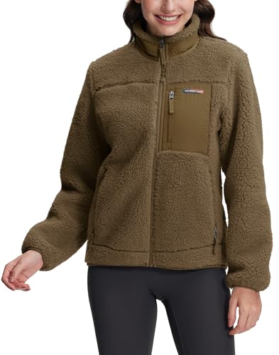 Pioneer Camp Sherpa Fleece Jacket for Womens, Soft Warm Full Zip Jacket with Stand Collar and Pockets for Winter, Cold Weather, Autumn Maple, M