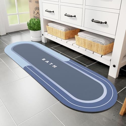 MontVoo Bath Mat Runner - Long Non Slip Absorbent Quick Dry Thin Bath Rug for Bathroom Floor Mat - Rubber Backed - Stain Resistant - Easy Care - Gray 17"x59" Navy 4'11" x 1'5" (Oval)