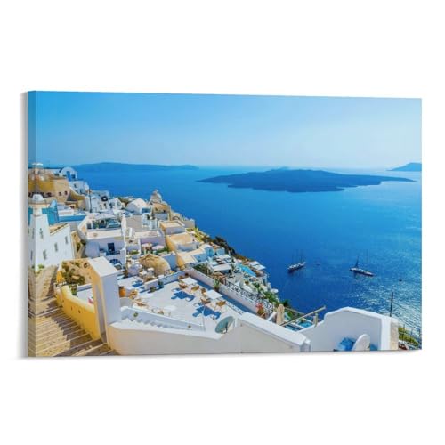 北欧地中海島ギリシャ サントリーニ島エーゲ海風景キャンバス絵画 ポスター 部屋飾り キャンバスウォールアート 印刷 ポスター 版画 壁飾り 壁の絵 壁掛け ホームアートワーク08x12inch(20x30cm)
