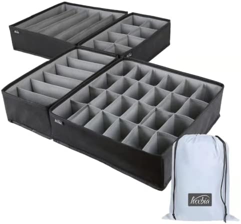 LUXBIA 4-Pieces Underwear Drawer Organiser to Maximize Storage Space - Clothes Drawer Organisers - Foldable Wardrobe Organiser - Baby Clothes Organiser for Drawers - Clothes Dividers - Black&Grey