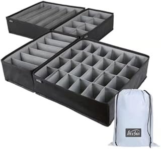 LUXBIA 4-Pieces Underwear Drawer Organiser to Maximize Storage Space - Clothes Drawer Organisers - Foldable Wardrobe Organiser - Baby Clothes Organiser for Drawers - Clothes Dividers - Black&Grey