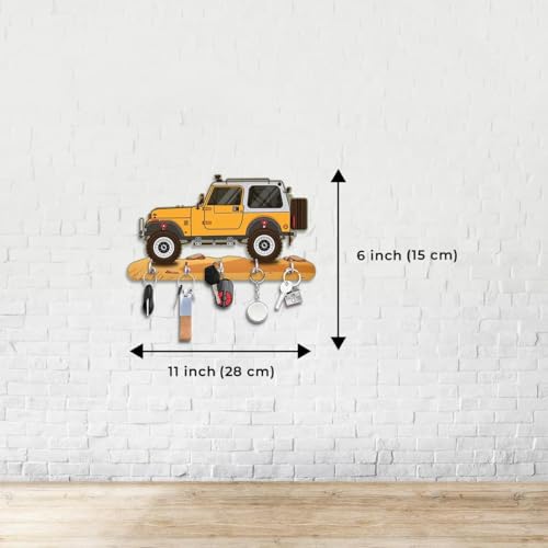 Image of Webelkart Premium HD UV Printed Mahindra Thar Car Shape Designer Wooden Key Holder Home and Office Decor (11 X 6 Inch, Wood) (Yellow)