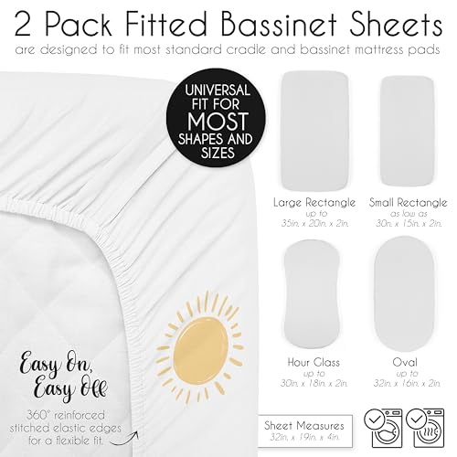 Image of Sweet Jojo Designs 2-Piece Baby Bassinet Sheets Set (White and Yellow Boho Sun) for Girls or Boys, Infant Newborn Nursery, Oval, Rectangle & Hourglass Mattress (Solid Mustard & Celestial Sky, Desert)