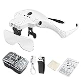 Hancaner Lupenbrille mit Licht Hände Frei Kopfband Lupen mit 4 LED Lichts 5 abnehmbare Linse 1,0 x bis 3,5 x austauschbare Lupe,für Lesen, Hobby, Juweliere, Nähen Handwerk,und