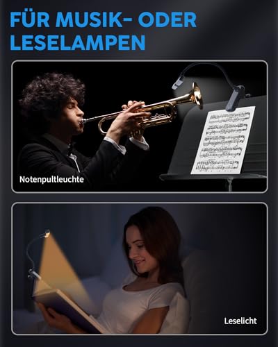 TobeBright Notenpultleuchte Klemmlampe mit 3 Farben 8 Helligkeit, 14 LEDs Dimmbar Klavierlampe Notenständer Lampe USB-C Wiederaufladbar für das Klavier, Gitarre, Noten, Buch Licht
