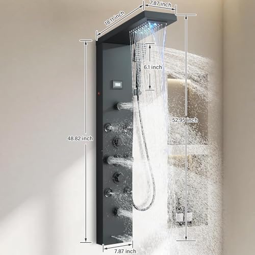 Image of FUZ Shower Panel Tower System, Stainless Steel 6 IN 1 Shower Panel System with LED Fancy Rain Shower Head and Handheld, Adujstable Rainfall Massage Body Jets and Tub Spout, Matte Black Shower Tower