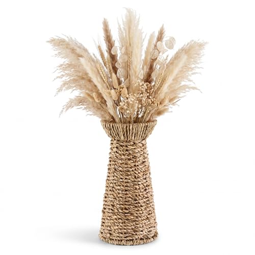 Ctosree Small Wicker Vase for Flowers, 10 Inch Lightweight Woven Farmhouse Boho Tabletop Vase, Rustic Style Decorative Basket for Living Room Shelf Centerpiece Entryway