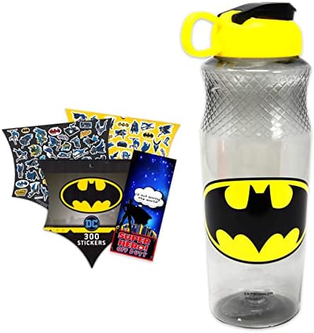 DC Shop Comics Batman 30oz Water Bottle For Kids, Adults Bundle ~ Refillable Superhero School Supplies, Sports, Office With 300 Stickers And Door Hanger, (Batman reusable bottle)