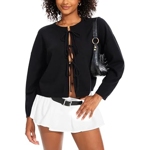 OZICERD Bow Tie Front Cardigan Sweaters for Women Fall Knit Crew Neck Lightweight Cozy Cute Cropped Cardigan Black L Cover