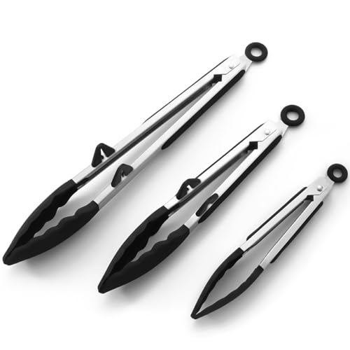 Silicone Kitchen Tongs, 3Pcs Tongs for Cooking with Silicone Tips, Food Grade Small Tong, Mini Serving Tong for BBQ Salad, Black, 7'+9'+12'