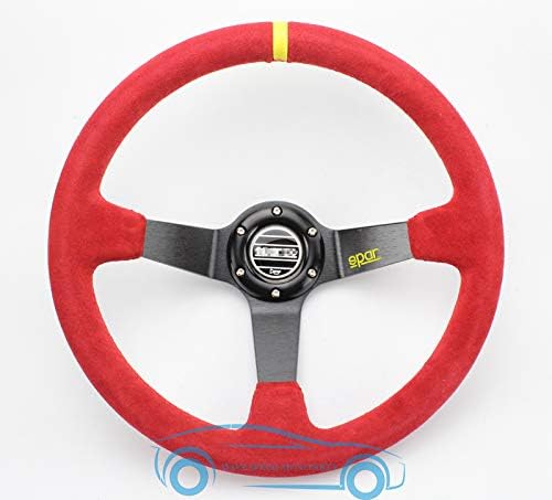 UNIVERSAL AUTOMOTIVE RACING 14"350MM SUEDE LEATHER DEEP CORN DRIFTING STEERING WHEEL BLACK+YELLOW GENUINE COARSE LEATHER NUBUCK COWHIDE CAR VEHICLE STEERING WHEEL AUTO REFIT SPARE PARTS (RED)