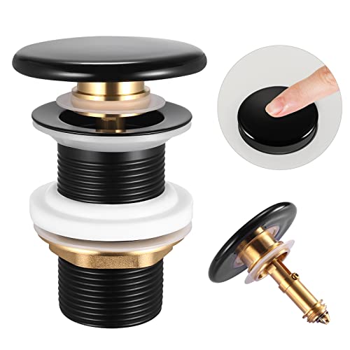 OTOmitra Desagüe sin rebosadero, color negro, válvula de desagüe universal para lavabo y lavabo, cerámica negra Pop Up Click Clack Tapón de lavabo - Latón desagüe sin rebosadero Cover