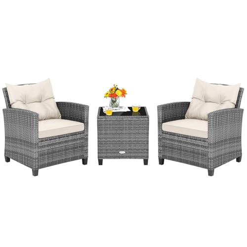 Image of Tangkula 3 Pieces Patio Furniture Set, PE Rattan Wicker 3 Pcs Outdoor Sofa Set w /Washable Cushion and Tempered Glass Tabletop, Conversation Furniture for Garden Poolside Balcony (Mix Grey-White)
