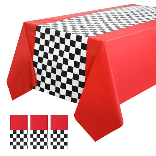 3PCS Race Car Birthday Party Decorations,Cars Birthday Decorations,Plastic Race Car Themed Rectangular Tablecloths 54 x 108 In,Racetrack Table Runner Table Covers,Checkered Race Car Party Decorations