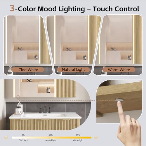 Armario de baño iluminado con espejo, 30 x 28 pulgadas, armario de pared para baño con almacenamiento, luces LED, estantes ajustables, color natural miniatura 4