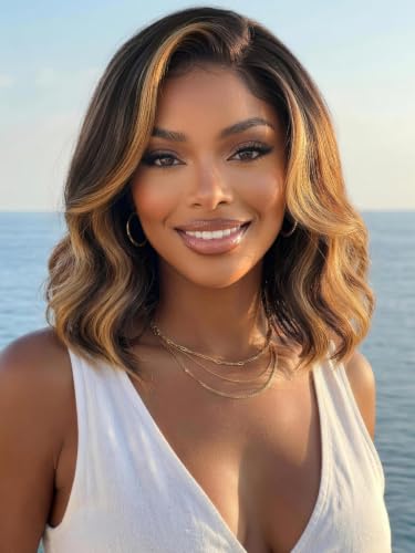 Image of KLAIYI Pre Everything13x4 Lace Front Glueless Bob Loose Body Wave Wig Human Hair Drawstring Ombre Brown Bye Bye Slip Pre Plucked Bleached Knots Ready to Wear and Go Wig with Face Framing Bang 12Inch