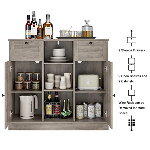 Hostack Buffet Sideboard Cabinet, Wine Bar Cabinet With Drawers And Removable Wine Rack, Coffee Bar Storage Cabinet With Shelves For Kitchen, Dining Room, Living Room, Ash Grey #TOP4