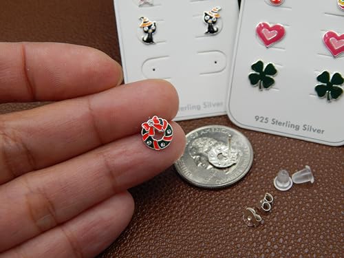 925 Sterling Silver NEW Set of 6 Pairs Holiday Set Christmas,Easter egg, Clover, American Flag, Red Heart, & Halloween Stud Earrings (Nickel Free)3
