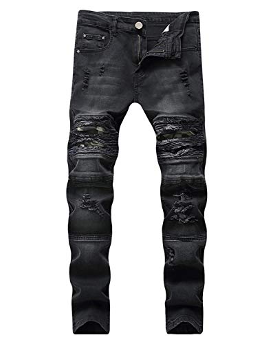 Baylvn Men's Ripped Distressed Slim Fit Holes Biker Jeans  Black  W30 Black 30