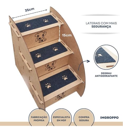 Escad para Pets com 3 Degraus, MDF, Cru, 45 cm