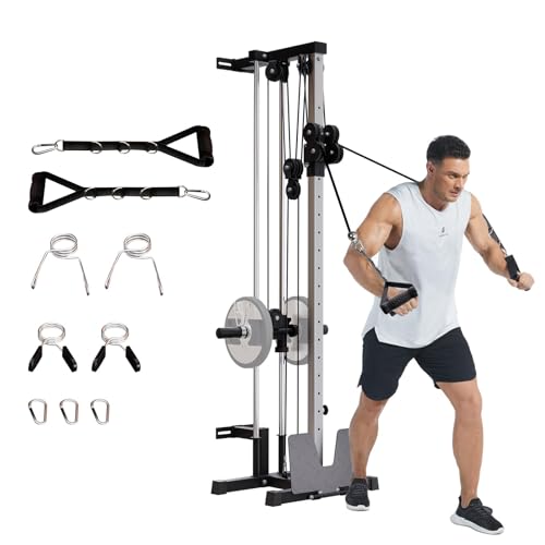 Wall Mount Cable Machine, LAT Pulldown Machines with 19 Positions Dual Pulley System, Cable Crossover Machine with Adjustable Footplate, Weight Workout Equipment Home Gym Station