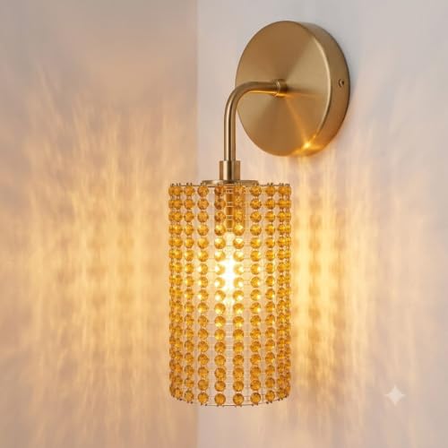 Image of Antique Modern Single Golden Brass Wall Light with Golden Crystal Acrylic Glass Shade Hanging Sconce Lamps Design for Bedroom Living Room Bathroom Bedside Vanity Hall Home Decor Hotel Bar